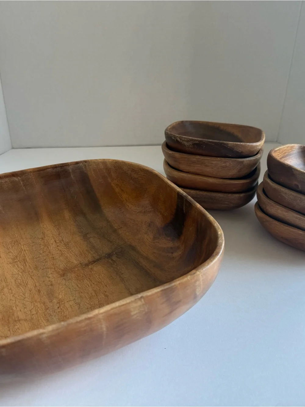 Vintage MCM Monkey Pod Style Wood Salad Bowl Set 9 Pc